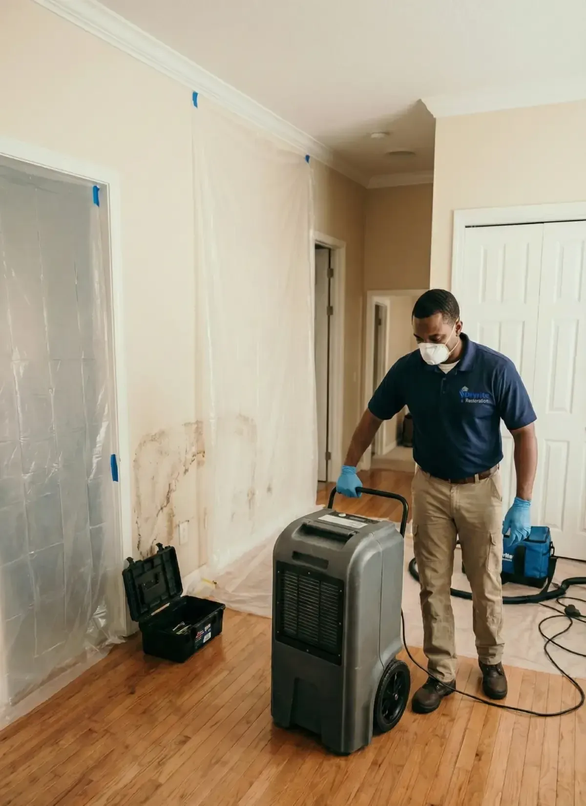Dryrite Restoration technician running a dehumidifier during water damage drying