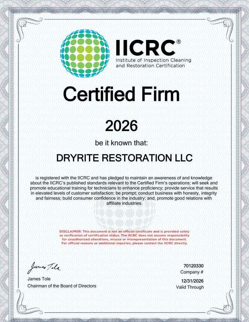 IICRC Certified Firm 2026 certificate awarded to Dryrite Restoration LLC, a water damage restoration company serving Mesa, Arizona.
